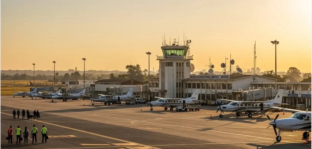 Light aircraft parked on the golden hour tarmac at Wilson International Airport during a connection from mombasa to masai mara.