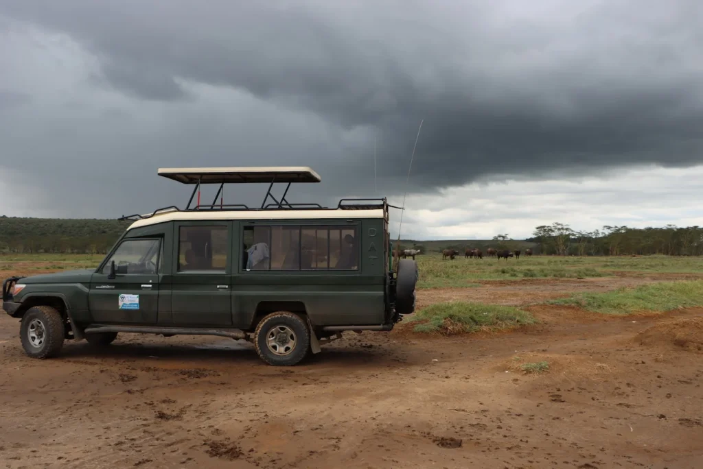 4x4 vehicle parked under dramatic storm clouds on an all inclusive Masai Mara safari.