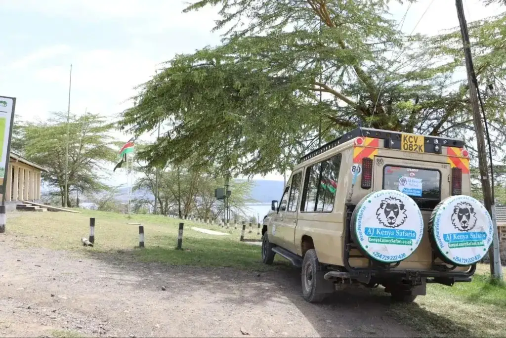 A 4x4 safari cruiser parked near trees for a horse riding safari masai mara.