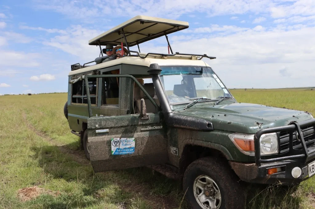 Tourists looking out from the pop-up roof of a green 4x4 land cruiser on a walking safari package in the Masai Mara.