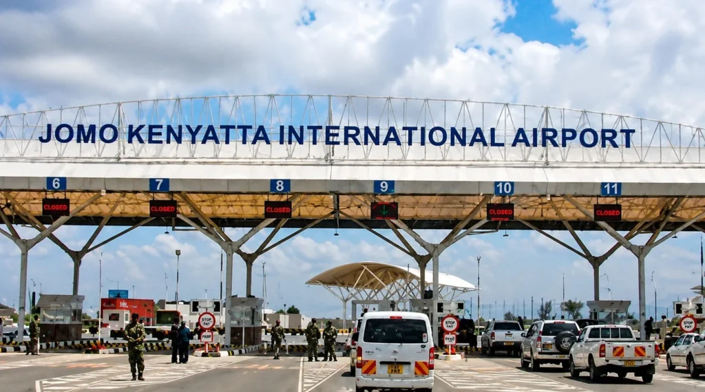 Jomo Kenyatta International Airport entry gates where travelers begin the journey from nairobi to masai mara by road.