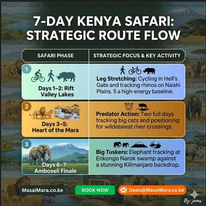 A 7-day Kenya safari infographic showing the strategic route flow from Rift Valley to Masai Mara to Amboseli.