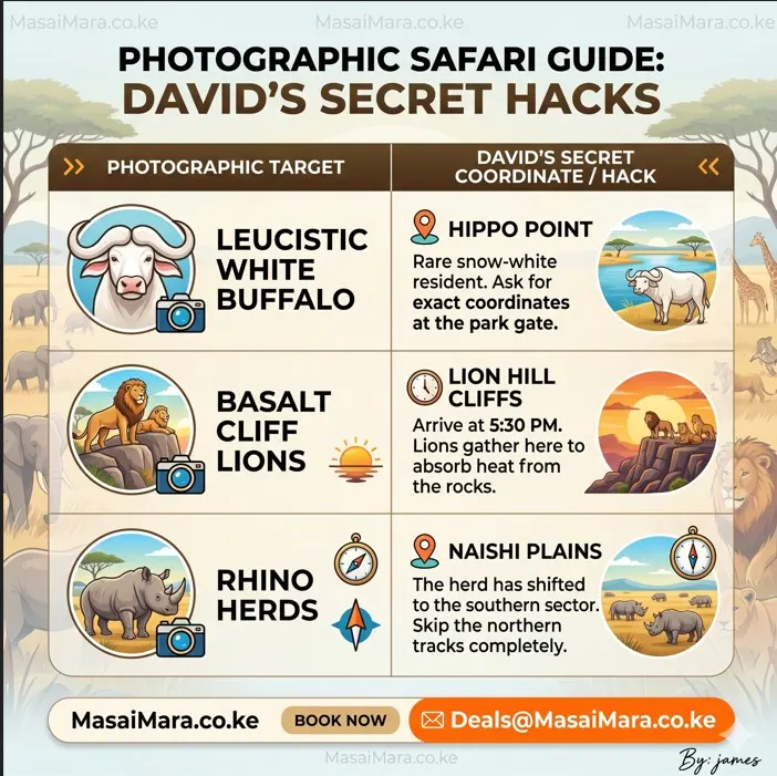 Infographic sharing professional tips for spotting leucistic white buffalo, basalt cliff lions, and rhino herds in Kenya.