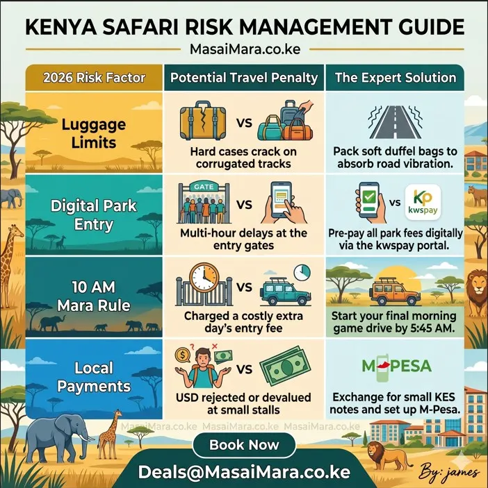 Infographic table showing safari risks, penalties, and expert solutions for luggage, entry, and payments.