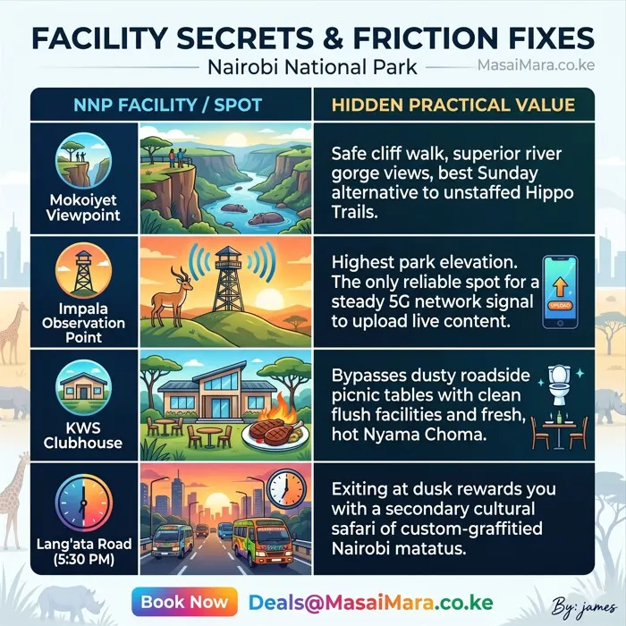 A colorful infographic comparing Nairobi National Park facility secrets and hidden practical values.