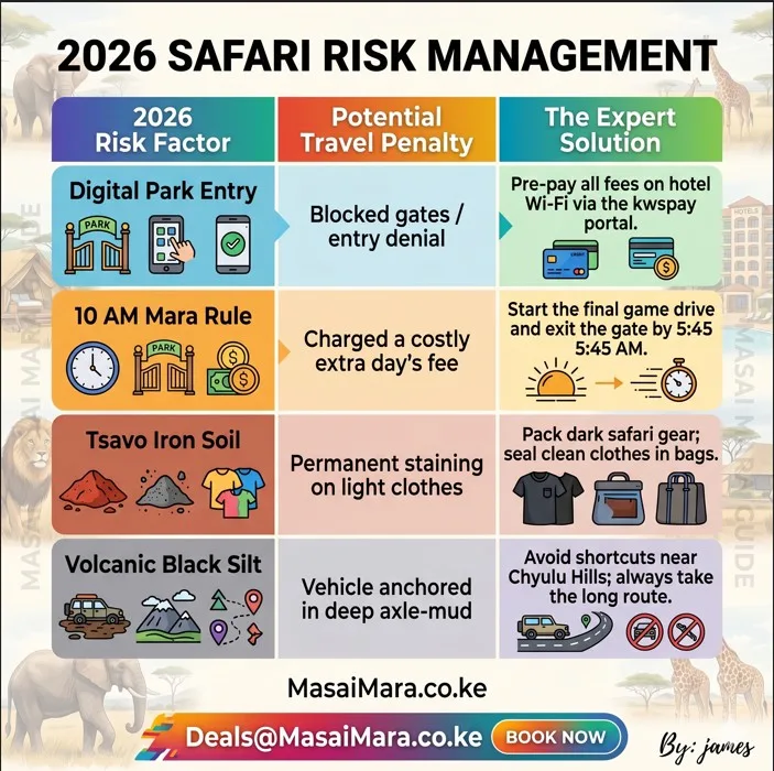 Digital park entry, 10 AM rules, mud risks and expert solutions for Kenya safaris.