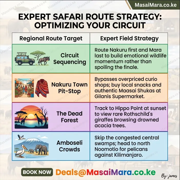 Infographic showing optimal sequencing for Kenya safaris, including Nakuru local shopping and Amboseli views.