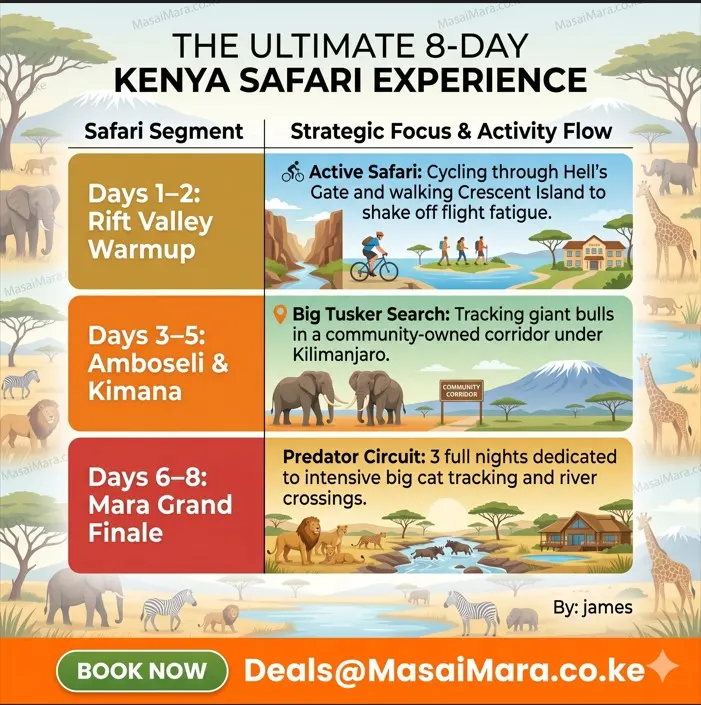 An infographic showing the strategic breakdown and activities for an 8-day Kenya safari itinerary.