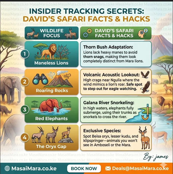 Infographic guide showing expert tracking facts for maneless lions, roaring rocks, red elephants, and exclusive species.