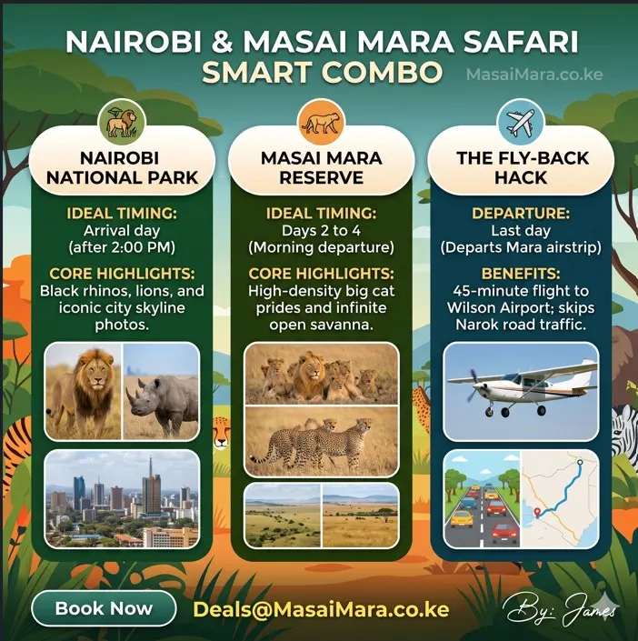A clean visual guide summarizing the smart first-day Nairobi and Masai Mara combo.