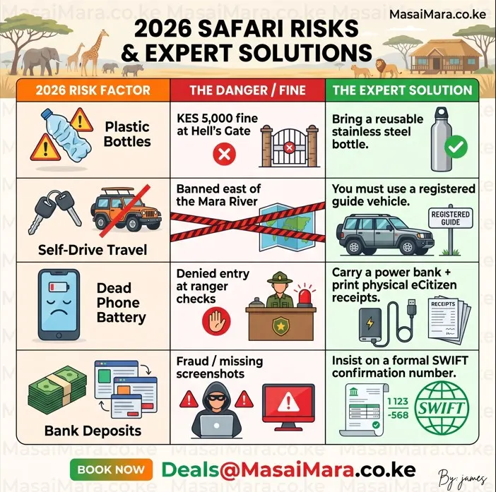 Infographic table detailing safari risks, dangers, and expert solutions.