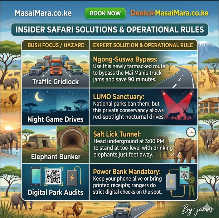 Infographic showing expert solutions and rules for common safari challenges in Masai Mara.
