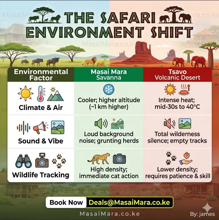 Infographic comparing climate, sound, and wildlife of Masai Mara Savanna and Tsavo Desert.