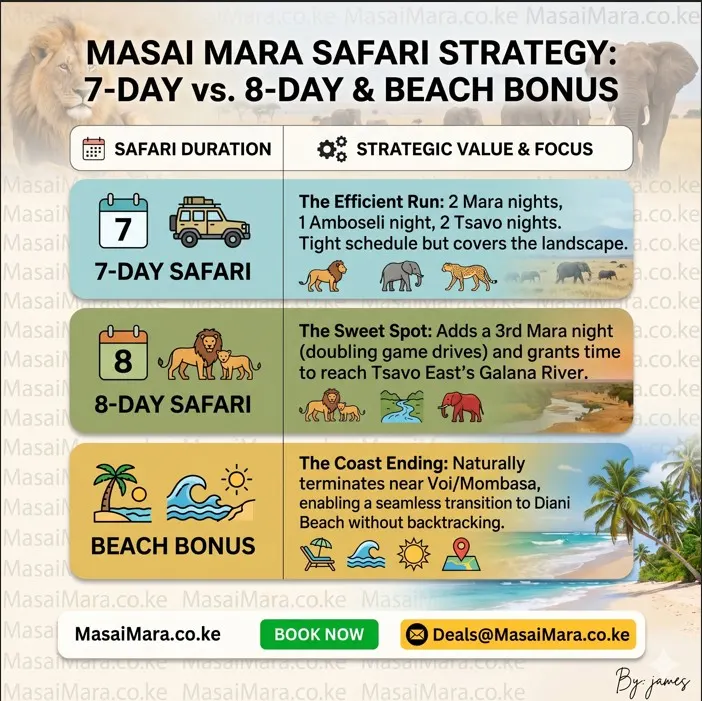 Infographic comparing 7-Day and 8-Day Masai Mara safari strategies, showing efficiency and the beach ending bonus.