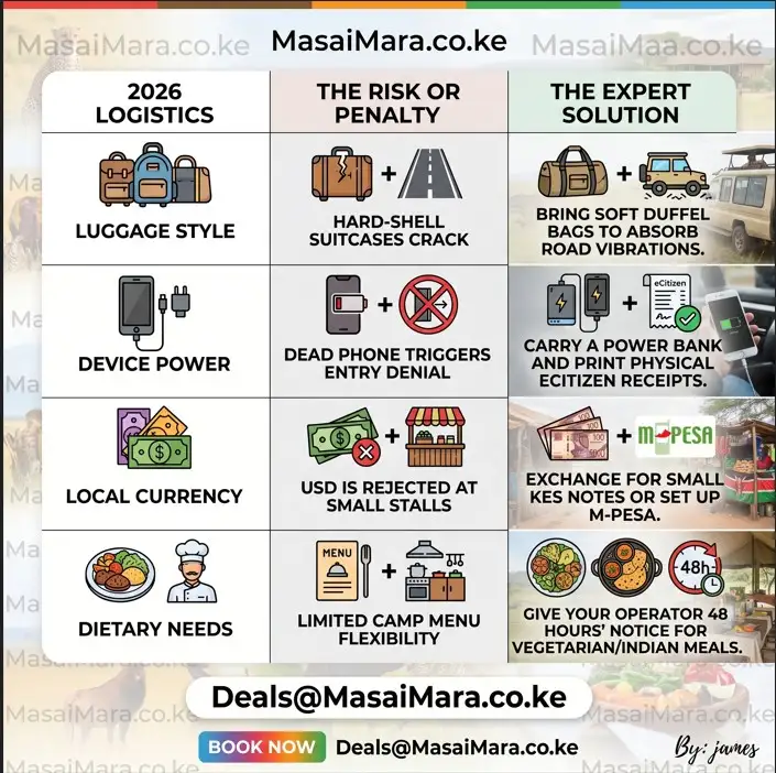 Infographic table showing Kenya safari logistics, travel risks, and expert solutions.