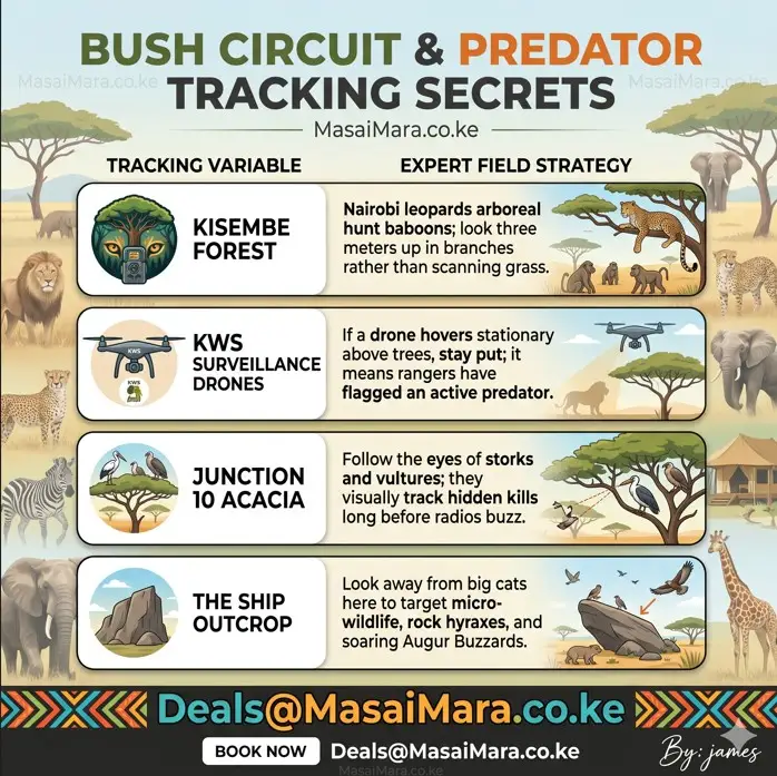 Infographic illustrating expert safari tracking strategies for predators like leopards and lions.