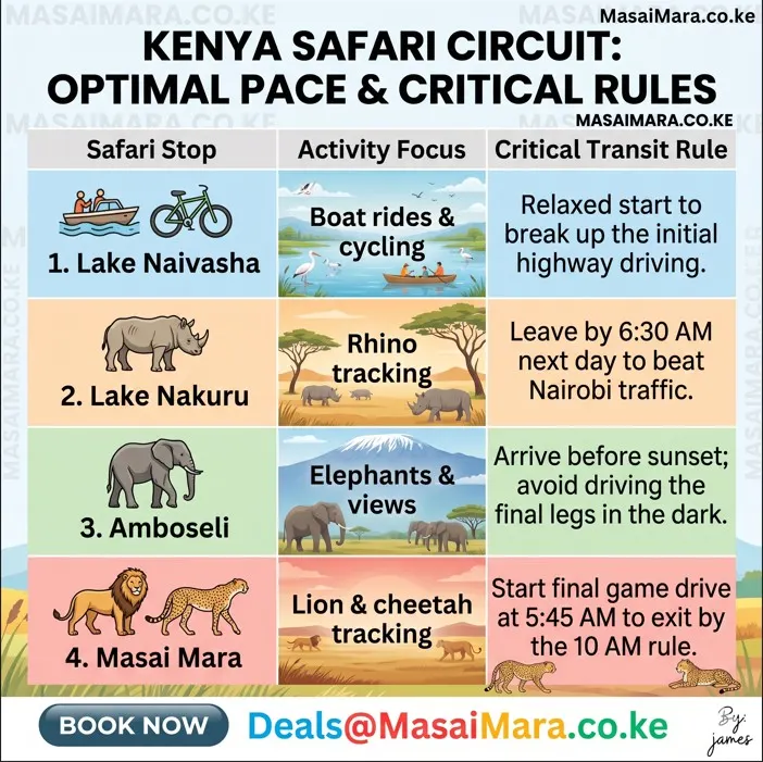 Infographic table listing four Kenya safari stops, activity focus, and critical transit rules.