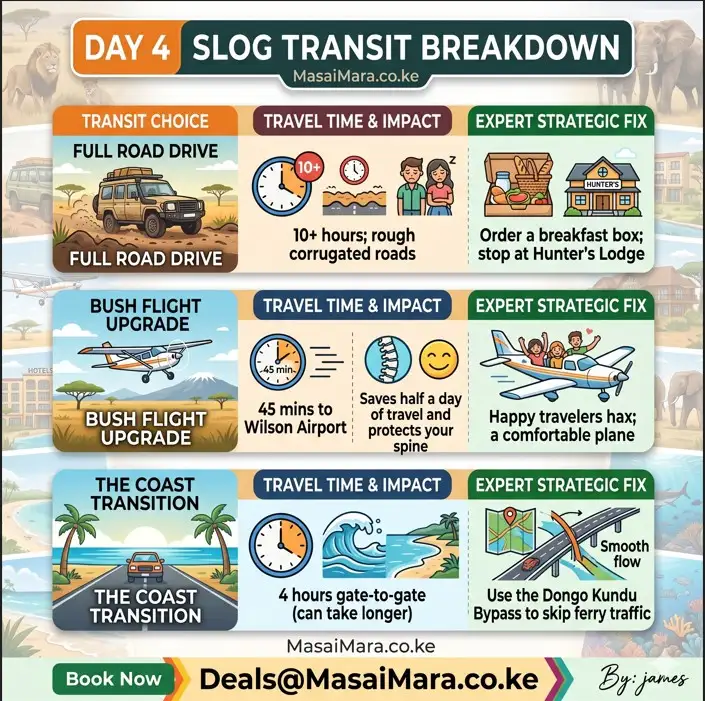 An infographic table breaking down safari transit choices, travel times, and strategic fixes.