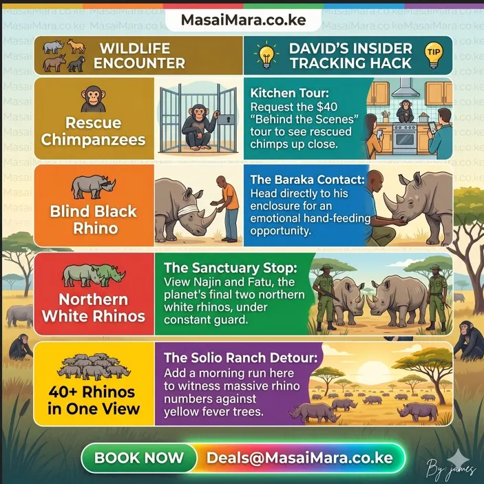 An infographic comparing wildlife tracking hacks like chimp tours, rhino contacts, and Solio Ranch detour.