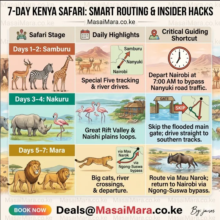 Infographic showing a seven day Kenya safari itinerary stages, highlights, and routing shortcuts.