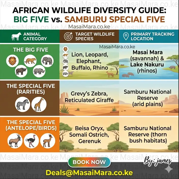Infographic table comparing African Big Five and Samburu Special Five wildlife species and tracking locations.