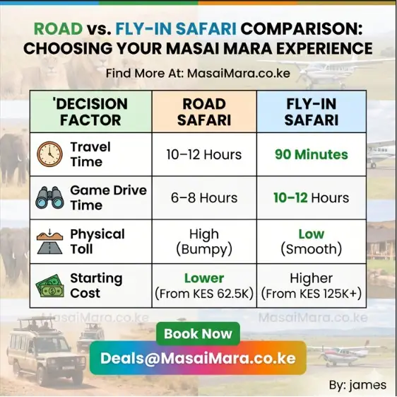 Infographic table comparing Road Safari versus Fly-In Safari options for Masai Mara experience.
