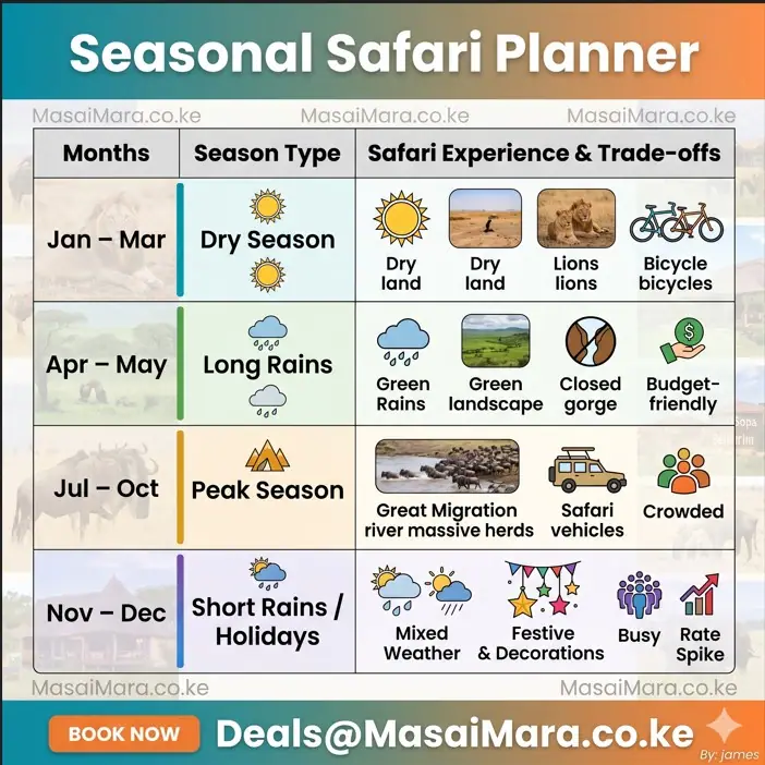 Infographic comparing safari seasons with months, experience, and trade-offs in Masai Mara.