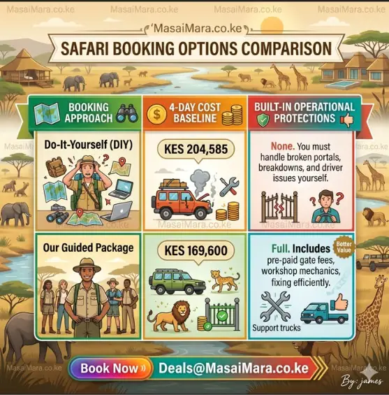 An infographic chart comparing Do-It-Yourself (DIY) safari booking versus a guided package, showing costs and operational protections.
