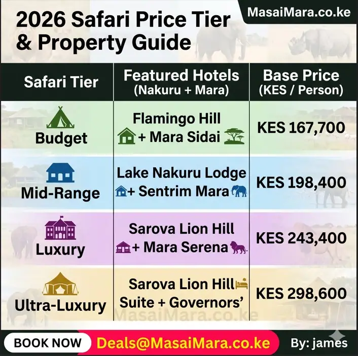 Infographic table displaying 2026 safari pricing tiers and hotels for Masai Mara and Nakuru.