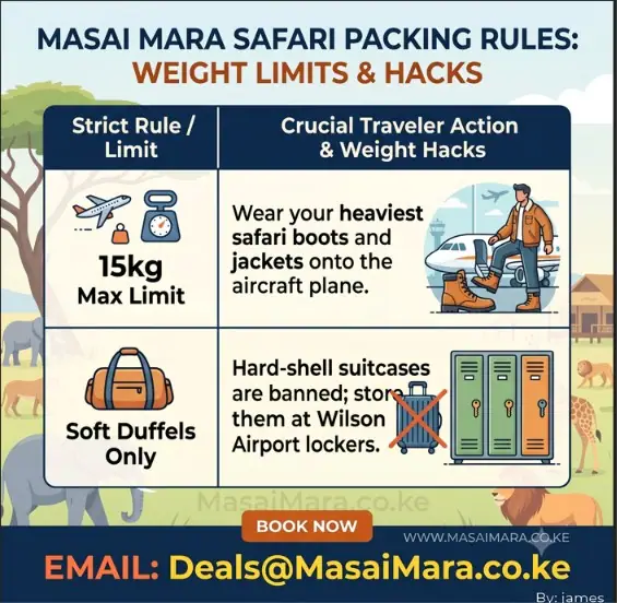 Infographic displaying baggage weight limits and packing hacks for safari flights.