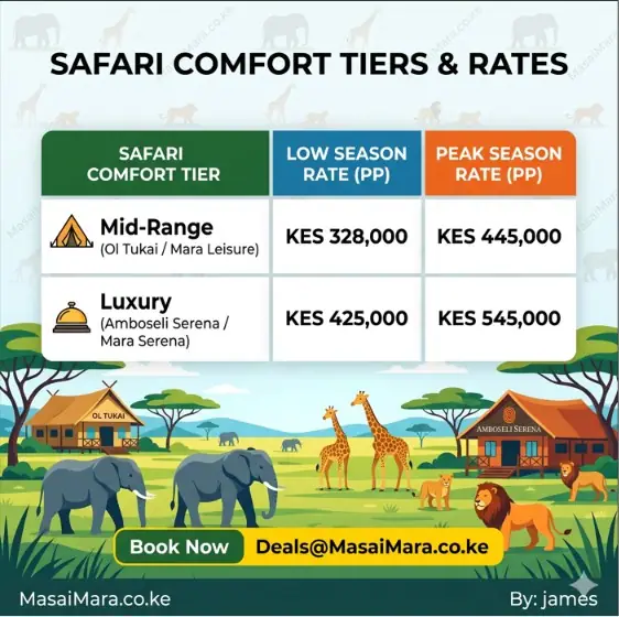 An infographic comparing mid-range and luxury safari rates for low and peak seasons.