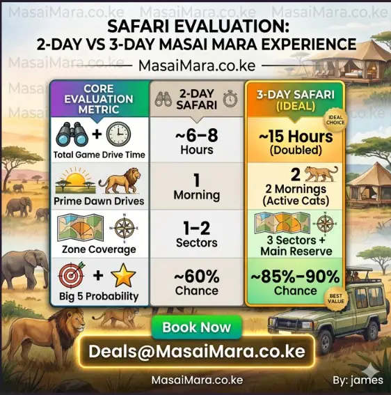 Infographic table comparing game drive hours, dawn drives, and Big 5 probability for 2-day versus 3-day safaris.