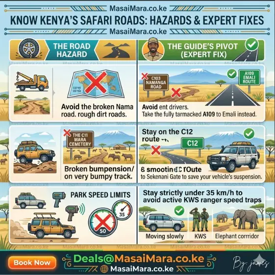 An infographic guide comparing Kenyan safari driving hazards like the C103 Amboseli Trap with expert solutions.