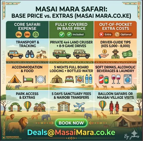 An infographic table comparing included safari costs against extra out-of-pocket expenses.