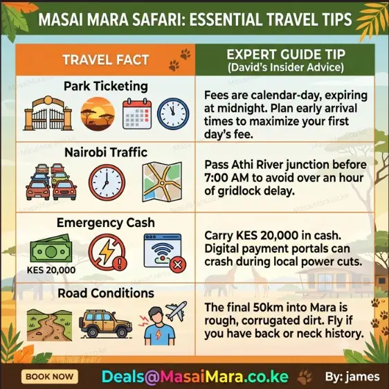 Infographic with expert tips for Masai Mara safaris: ticketing, traffic, emergency cash, and roads.