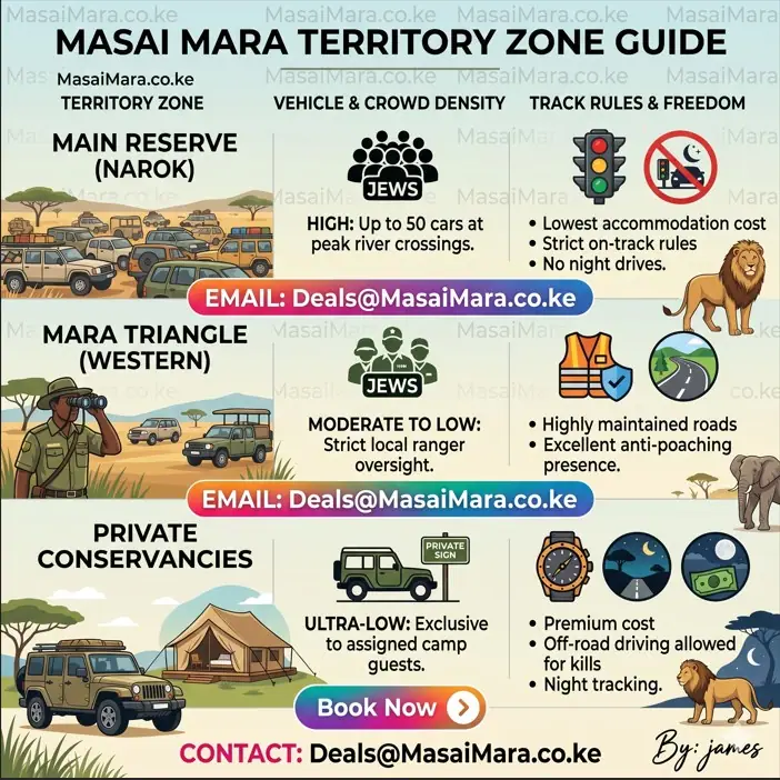 An infographic comparing Masai Mara zones by density and track rules.