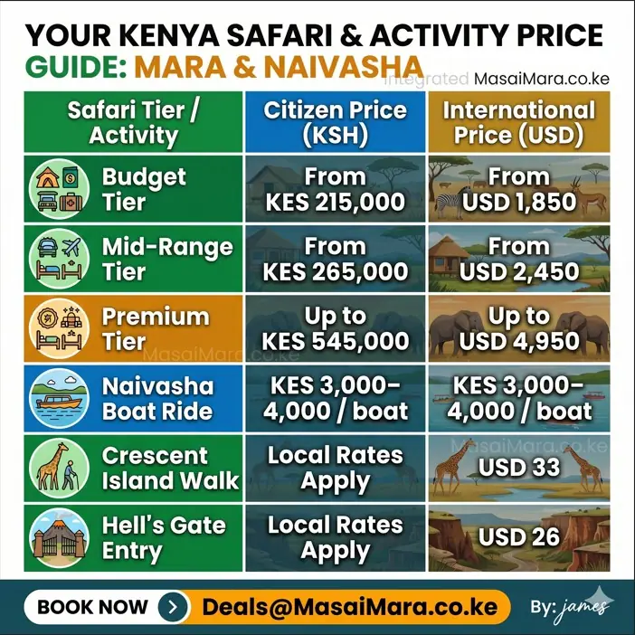 An infographic comparing Kenya safari tier and activity costs for citizens and internationals.