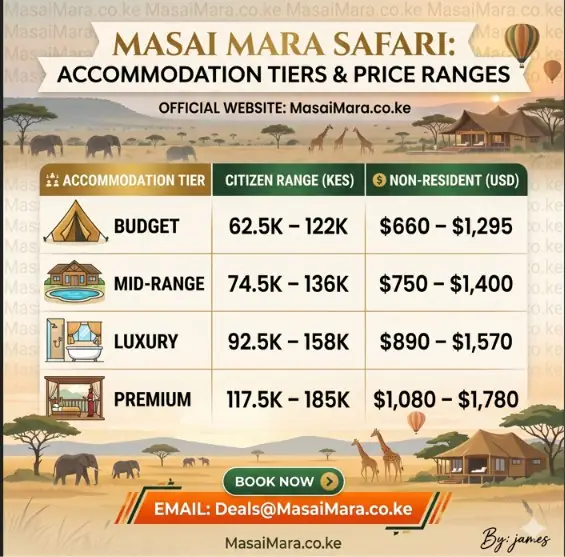 Table showing KES and USD price ranges for four safari accommodation tiers in Masai Mara.