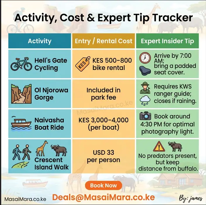 Table listing costs and tips for Hell's Gate cycling, gorge hiking, and Naivasha boat rides.