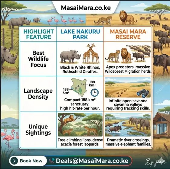 Infographic chart comparing highlights, density, and unique sightings of Nakuru and Masai Mara.