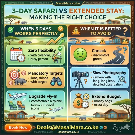 Infographic comparing when a 3-day safari works perfectly versus when to avoid it.