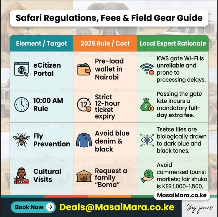 A square infographic table summarizing essential Kenya safari guidelines for fees, gear, and behavior.