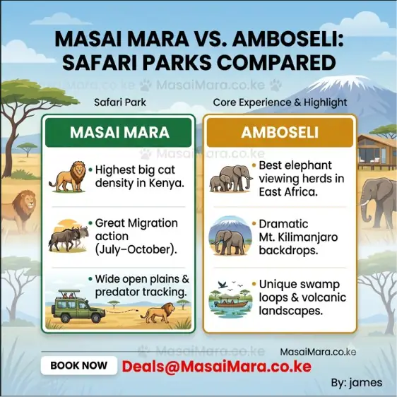 Infographic table comparing core wildlife experiences and highlights of Masai Mara and Amboseli.