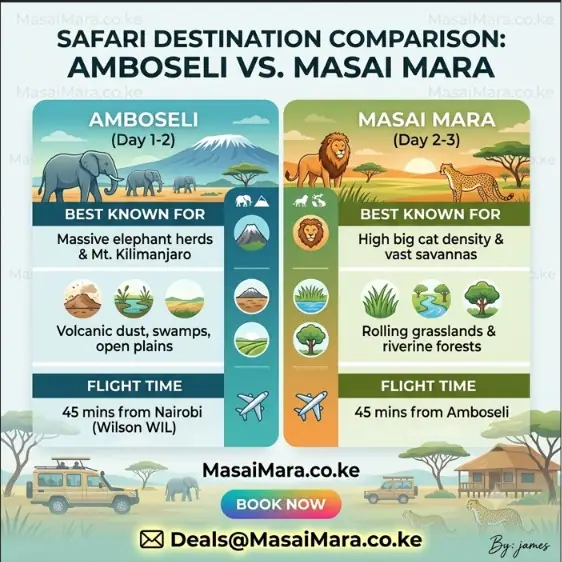 Infographic comparing Amboseli and Masai Mara safari features, wildlife, landscapes, and flight times.