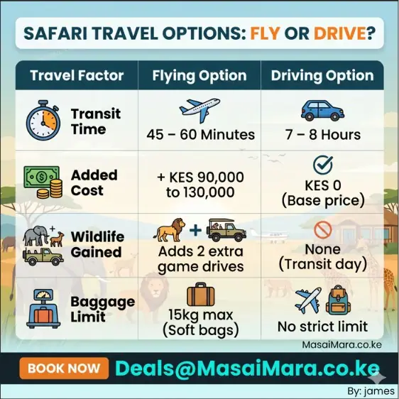 Comparison infographic of flying versus driving options for Masai Mara safari travel logistics.