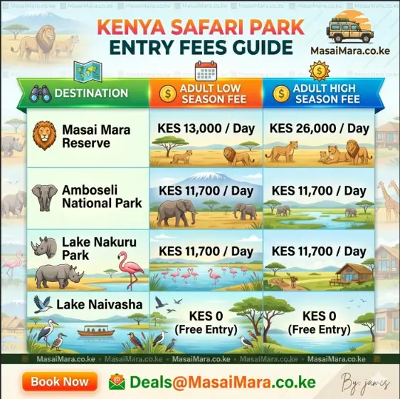 An infographic chart showing updated entry fees for major Kenyan safari parks and lakes.