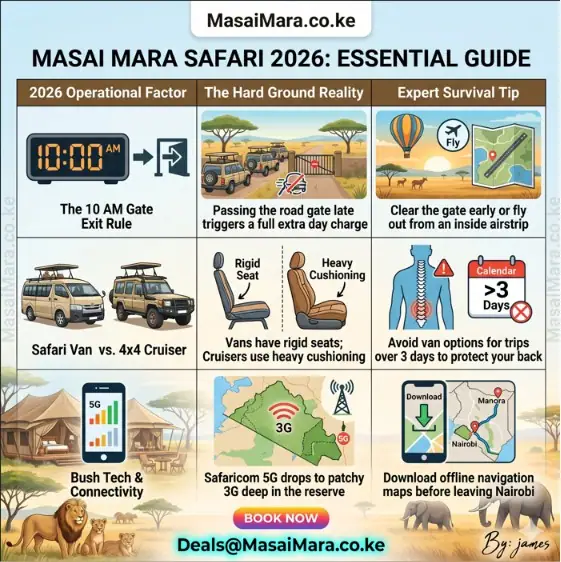 Infographic table listing tips for Masai Mara safaris regarding gate rules, vehicle choices, and connectivity.