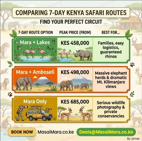 Comparison chart showing routes, 2026 peak prices, and best features for Kenya safaris.