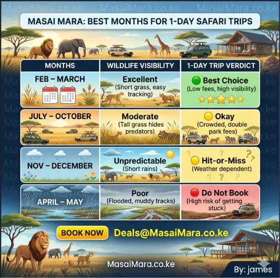 Infographic chart displaying Masai Mara monthly wildlife visibility and safari trip verdicts.