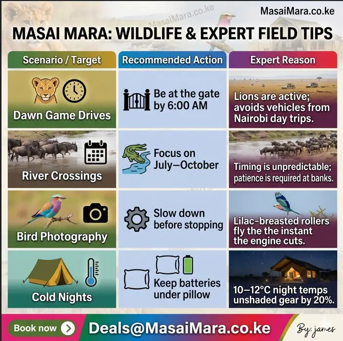 A square infographic grid with expert tips for wildlife, photography, and camping in Masai Mara.